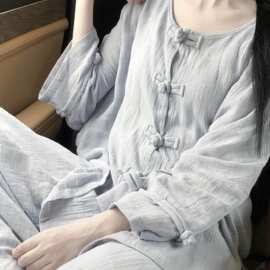 新中式国风睡衣女禅意春秋季长袖长裤高级感盘扣家居服套装可外穿