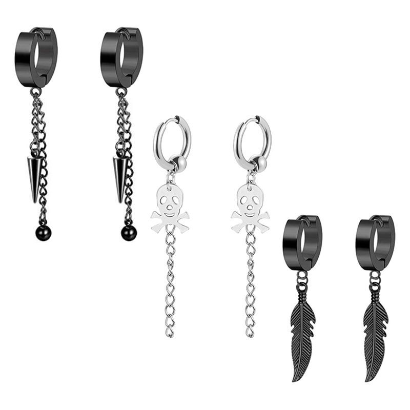 Black Men's Ear Clip Ear Stud Earrings Set 3 Pair Stainless Steel Fashion Jewelry detail image 11