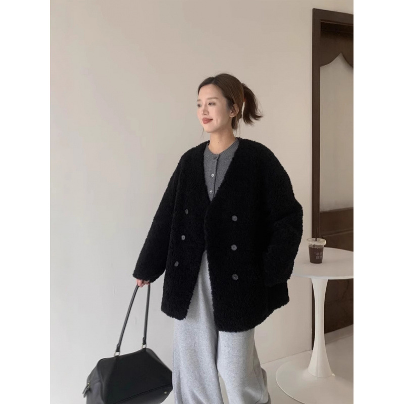 韓国風100%羊毛Vネックミドル丈粒状ベルベットコート レディース 2025冬 ラムウールファー一体型コート
