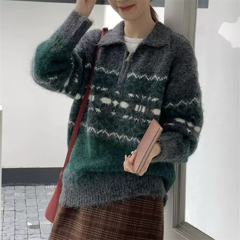 费尔岛撞色拉链提花毛衣女秋冬文艺胖妹妹慵懒风气质显瘦遮肉上衣