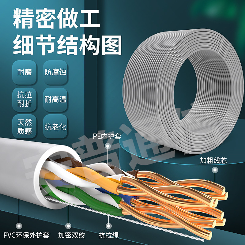 网线超六类千兆超五类家用无氧铜双屏蔽监控POE300米宽带6类网线
