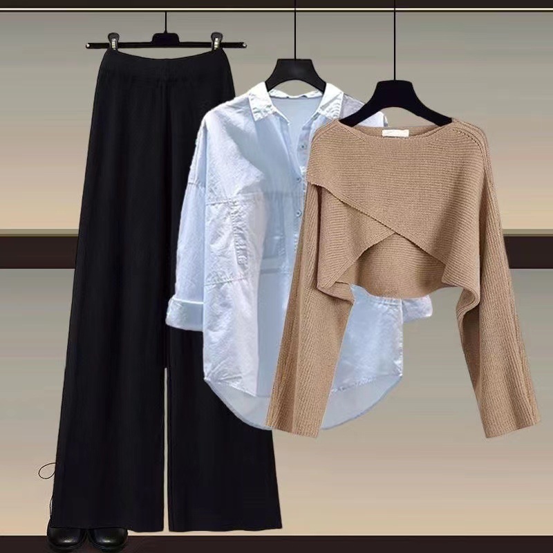 GraceChic Strickpullover, Hemd und weite Hose, dreiteiliges Set, Herbst/Winter-Outfit 2024, Damenmode in großen Größen_voghion.com