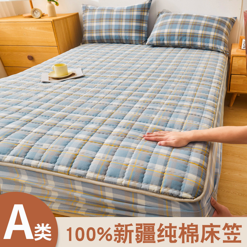 2025 New Class A Cotton Yarn-dyed Washed Cotton Bed Cover Bed Cover Padded Cotton Thickened Mattress Protector Single-piece Pure Cotton