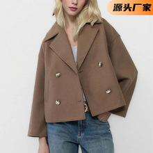 2025秋季新款欧美风女装时尚气质通勤翻领双排扣短款毛呢外套