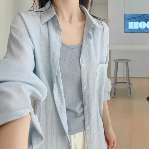 Cotton Linen Long-Sleeve Sun Protection Shirt Women's Outerwear Spring and Autumn Thin Version Plus Size Fat MM Slimming Loose Polo Collar Casual
