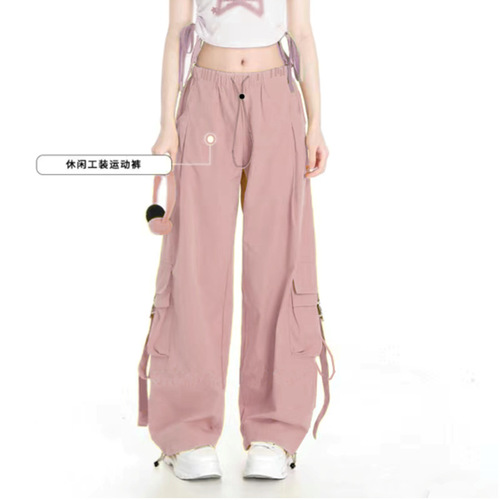 American Street Sport Casual Pants for Girls and Boys 2025 Spring and Autumn New Style with Large Pockets, Flowing Ribbons, Versatile Work Pants