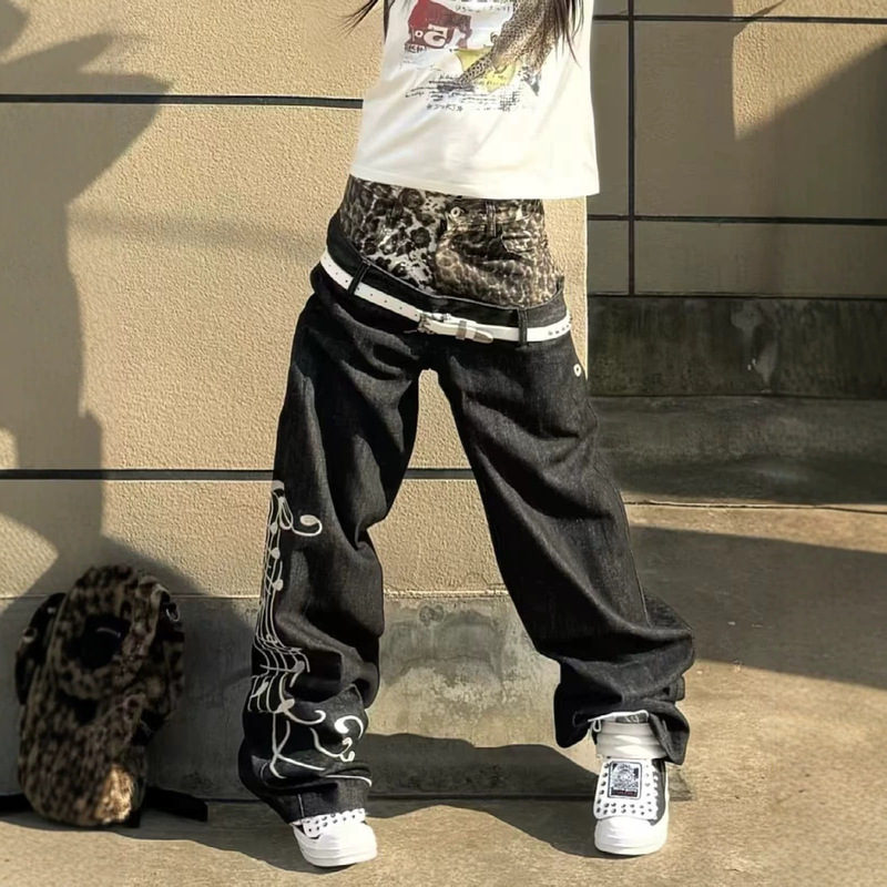 European and American retro leopard print double-waisted musical note jeans for men and women, light street style, loose straight-leg pants, trendy European and American retro leopard print double-waisted musical note jeans for men and women, light street style, loose straight-leg pants, trendy