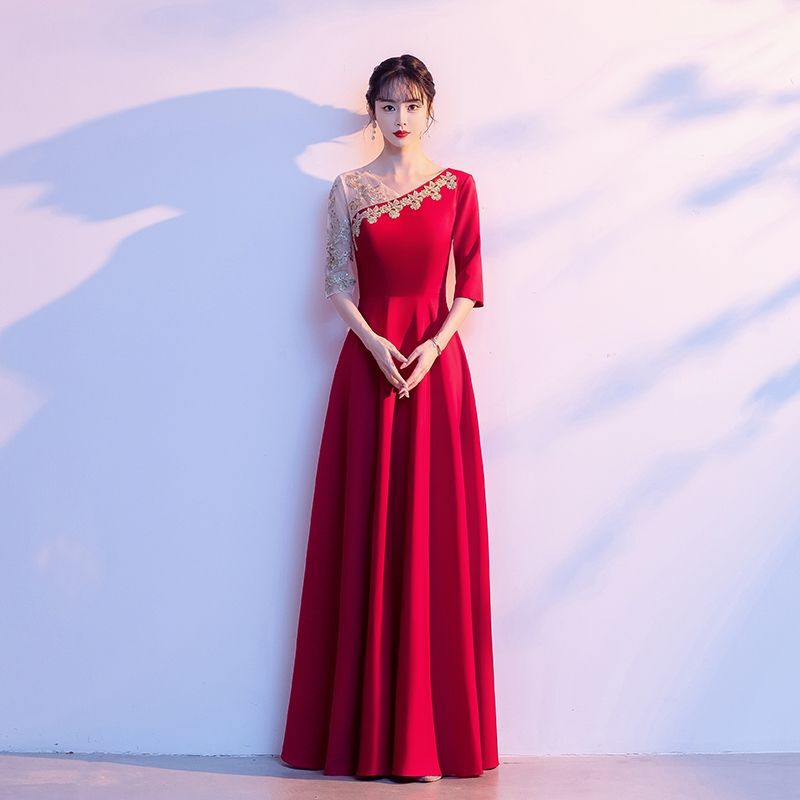大合唱団パフォーマンス服女性のロングスカート学生赤い歌朗読服ホスト宴会気質スリムイブニングドレス女性|undefined