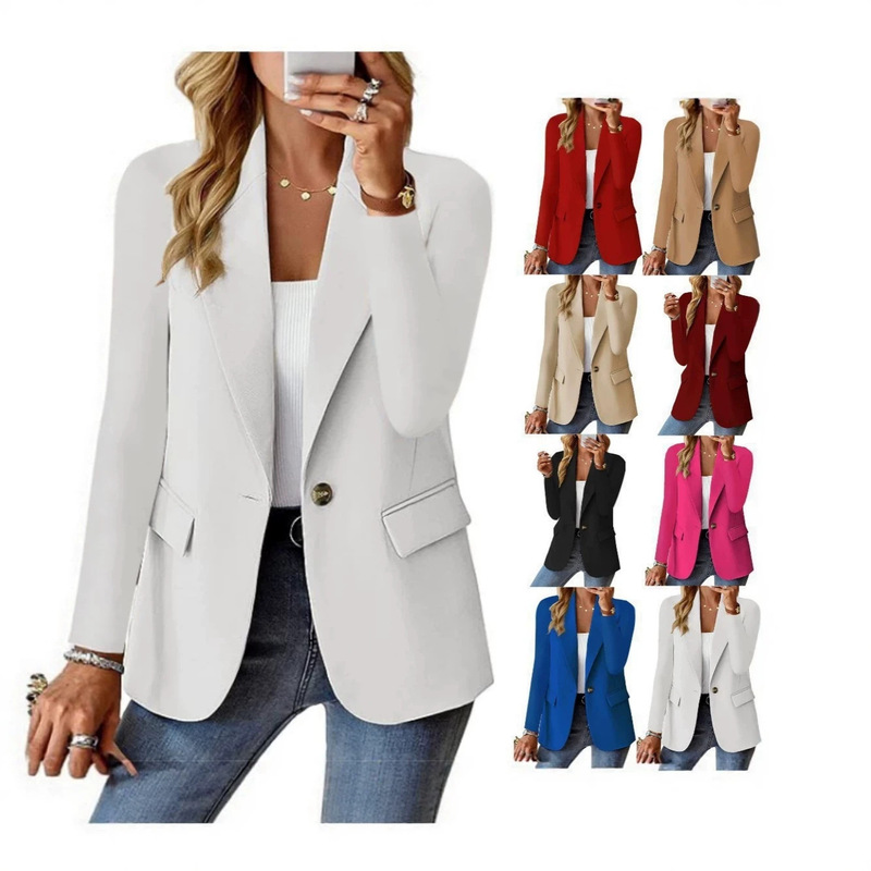 Cross-Border Amazon Wish Style Autumn Long-Sleeve Solid Color Cardigan Blazer with Faux Pockets Single-Button Casual Fashion Jacket Cross-Border Amazon Wish Style Autumn Long-Sleeve Solid Color Cardigan Blazer with Faux Pockets Single-Button Casual Fashion Jacket