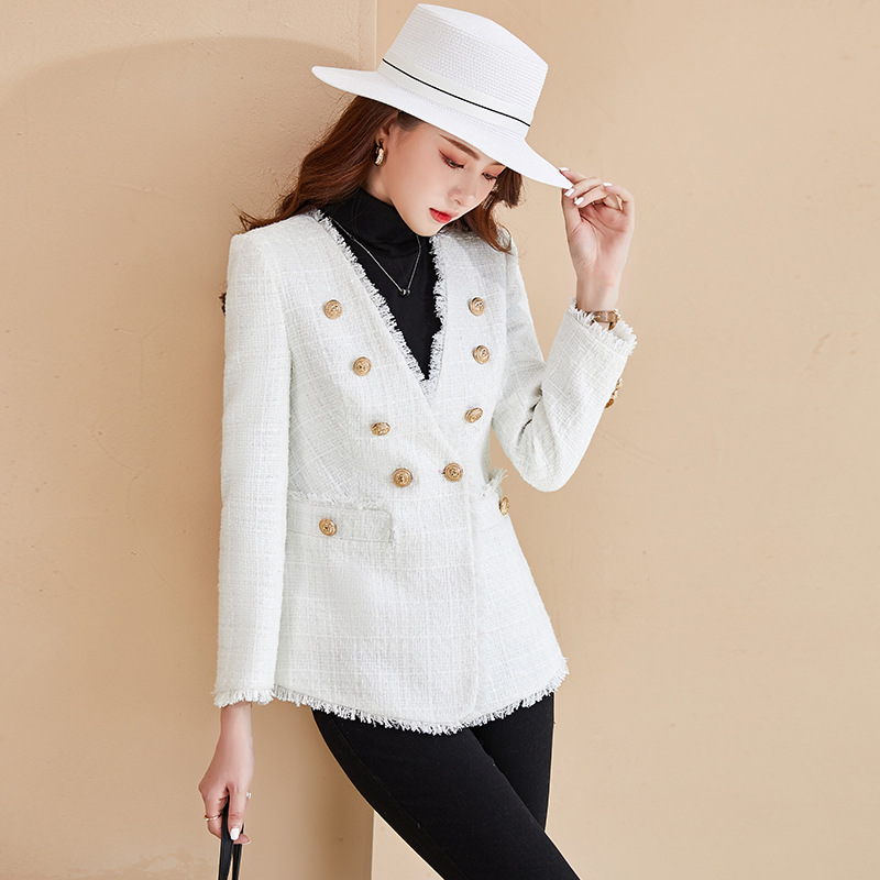Tweed Raw Edge Top V Neck Slim Fit Western Style Suit Small Fragrance Jacket for Women 2021 Early Spring New Ins Style Tweed Raw Edge Top V Neck Slim Fit Western Style Suit Small Fragrance Jacket for Women 2021 Early Spring New Ins Style