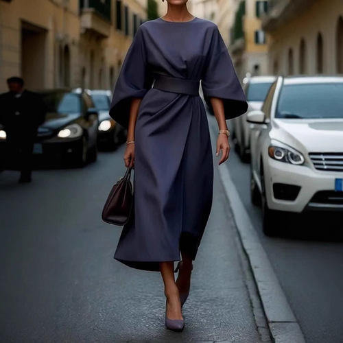 Women's European and American Fashion Elegant Pure Color Waist-Tied Dress Casual Batwing Sleeve Long Dress