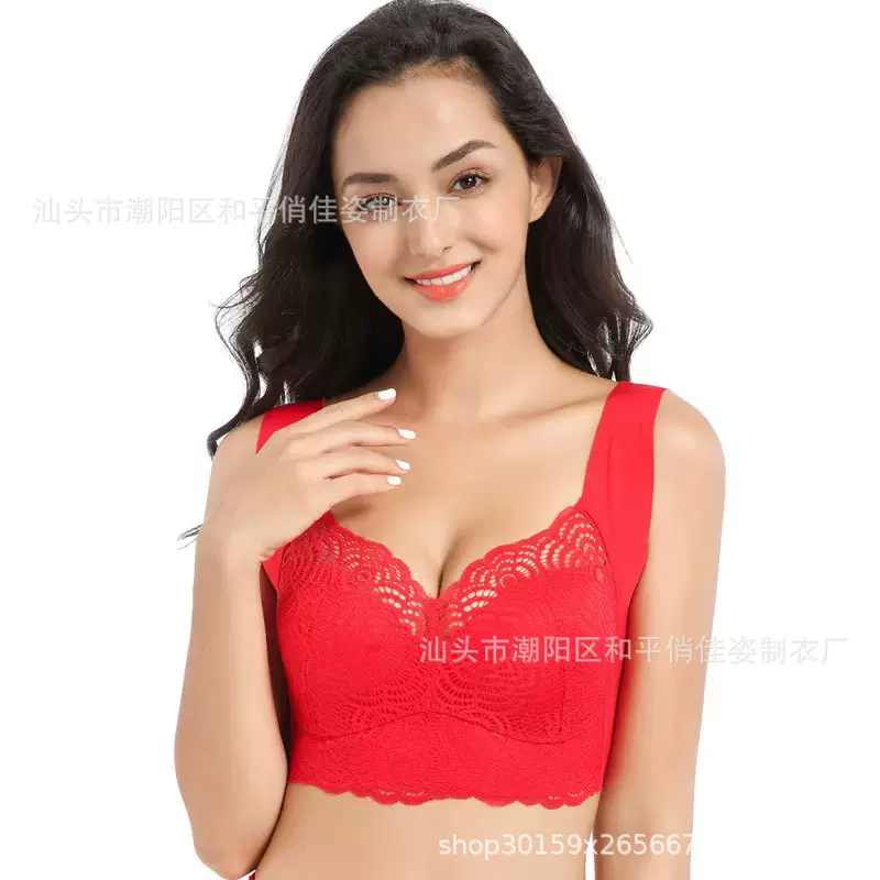 跨境大码无钢圈内衣蕾丝睡眠背心式胸罩上托聚拢无痕文胸显胸大