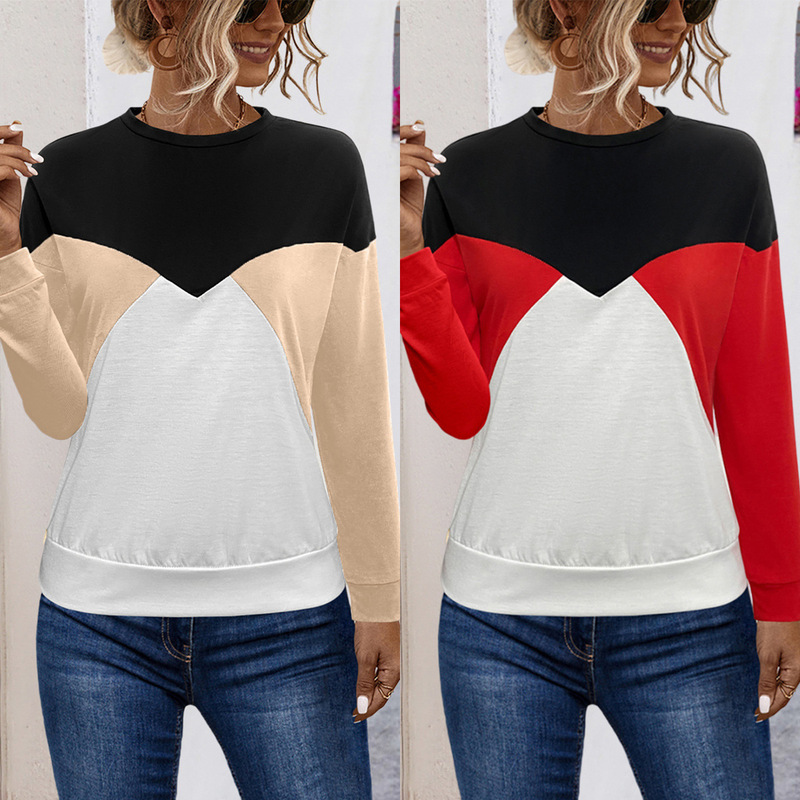 2026 Autumn/Winter New Products Cross-Border European and American Clothing Ebay Amazon Bestseller Long-Sleeved Patchwork Color-Block Casual Top