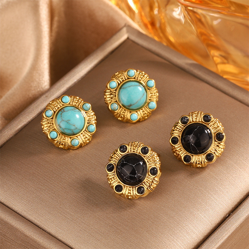 9g Weight 304 Stainless Steel Ear Needle Material 18K Gold Plated Plating Material Earrings, Ear Studs Classification 1 Pair Quantity Party, Tea Party Occasion 304 Stainless Steel, turquoise Material Geometric Pattern All Seasons Season Women's Gender Retro, Classic Style Style 1 Pair Retro Classic Style Geometric 304 Stainless Steel Turquoise 18K Gold Plated Earrings Ear Studs 3