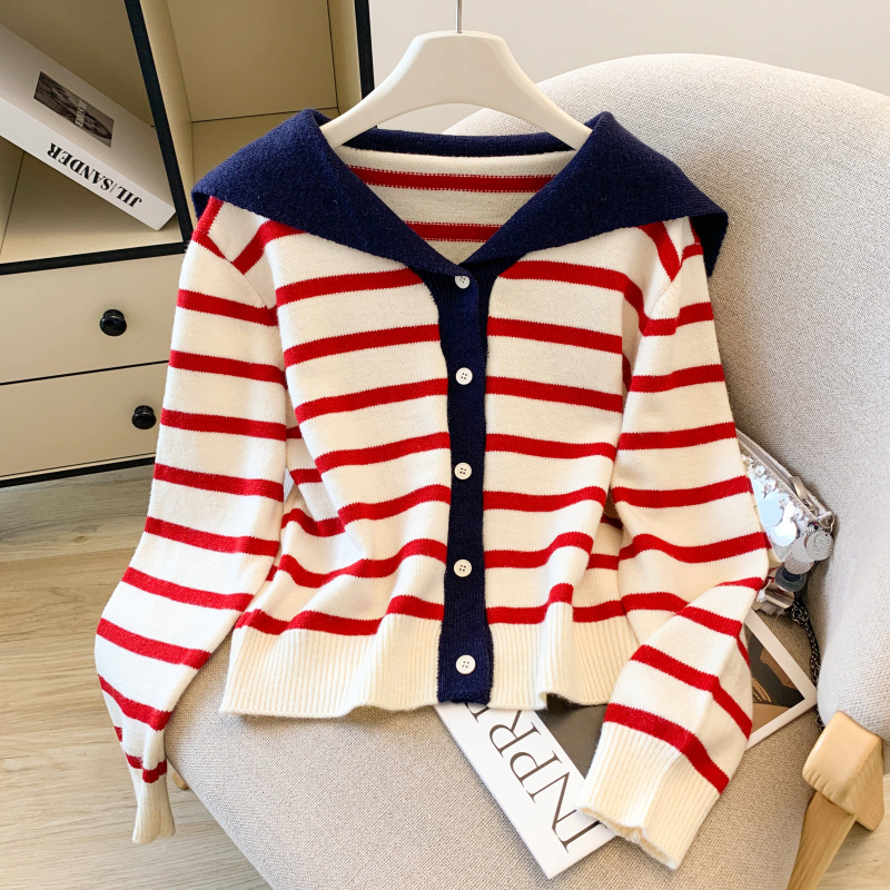 Real Shot of Korean Autumn and Winter Contrasting Navy Collar Stripesd Sweater Knitted Cardigan Korean Style New Versatile Top Real Shot of Korean Autumn and Winter Contrasting Navy Collar Stripesd Sweater Knitted Cardigan Korean Style New Versatile Top