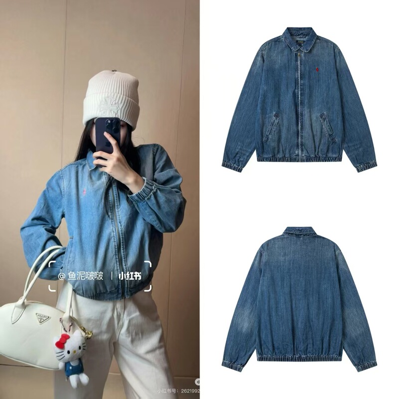 High Version Rl Raff Denim Jacket with Pony Embroidery, Plaid Color-Blocking, Denim Zipper, Veteran Officer Coat