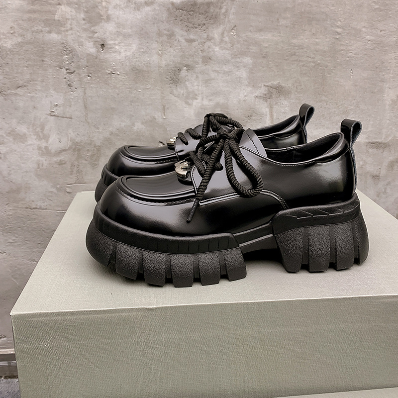 Genuine Leather Lace-up Loafers For Women Spring British Thick-soled Small Leather Shoes Thick-heeled Single Shoes Height-increasing Shoes