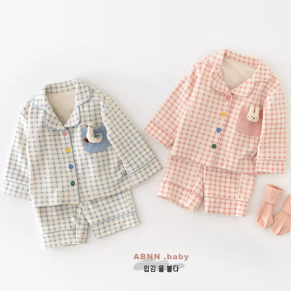 2025秋款韩版儿童格子翻领两件套 男女童宝宝外穿家居服套装53512