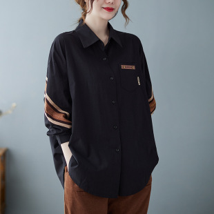 Real Shot 2023 Spring and Autumn New Korean Style Mid-length Loose Women's Fashionable Simple European Casual Large Size Shirt for Chubby Girls