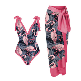 Sweet Flamingo Print Swimsuit Set for Girls, Pink Lace-Up Deep V Belly-Covering Swimsuit for Women with One-Piece Skirt
