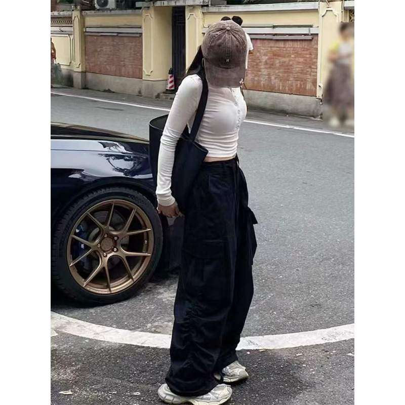 High-Waisted, Extra-Long, American-Style Retro Work Pants for Tall Women, Spring and Autumn, with a Draped, Floor-Length, Jogger-Style Wide-Leg Design