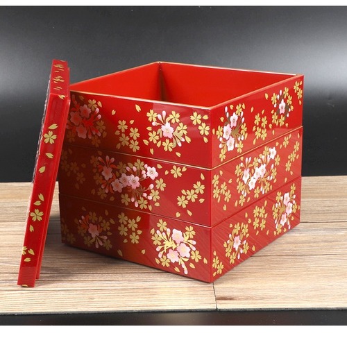 New medium-sized lacquer box Japanese hot stamping realistic cherry blossom sushi box lunch box three-layer New Year lunch box snack box gift box