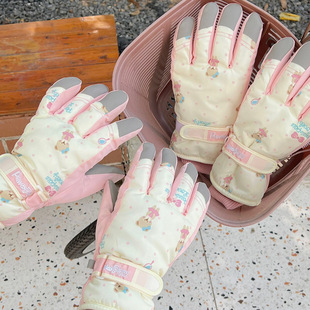 Korean style soft girl ski gloves cute bear winter warm fleece-lined non-slip outdoor windproof riding five finger gloves
