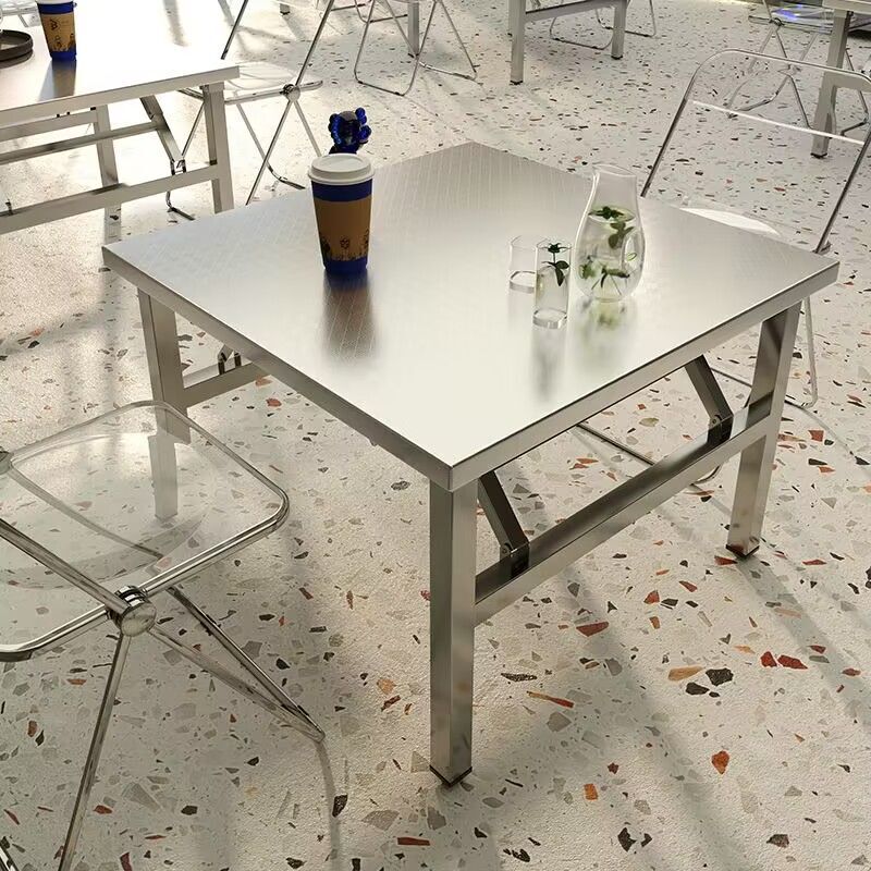 Folding dining table and chairs for food stalls, popular stainless steel dining table for hot pot restaurants, long table with four chairs for late-night barbecue stalls