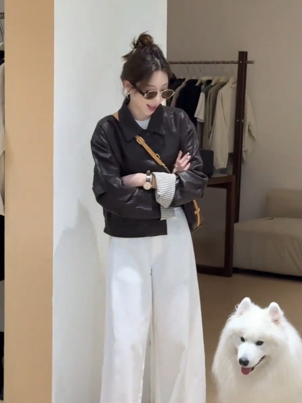 短款翻领格子拼接皮衣外套女2025秋季新款小个子时尚百搭夹克上衣|undefined