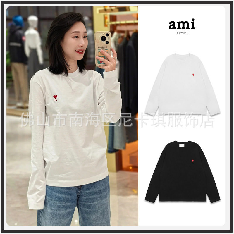 Ami Long-Sleeved 2025 Spring and Autum New Embroidered Big Heart Loose Round Neck Men's and Women's Same Style T-Shirt Pure Cotton Top