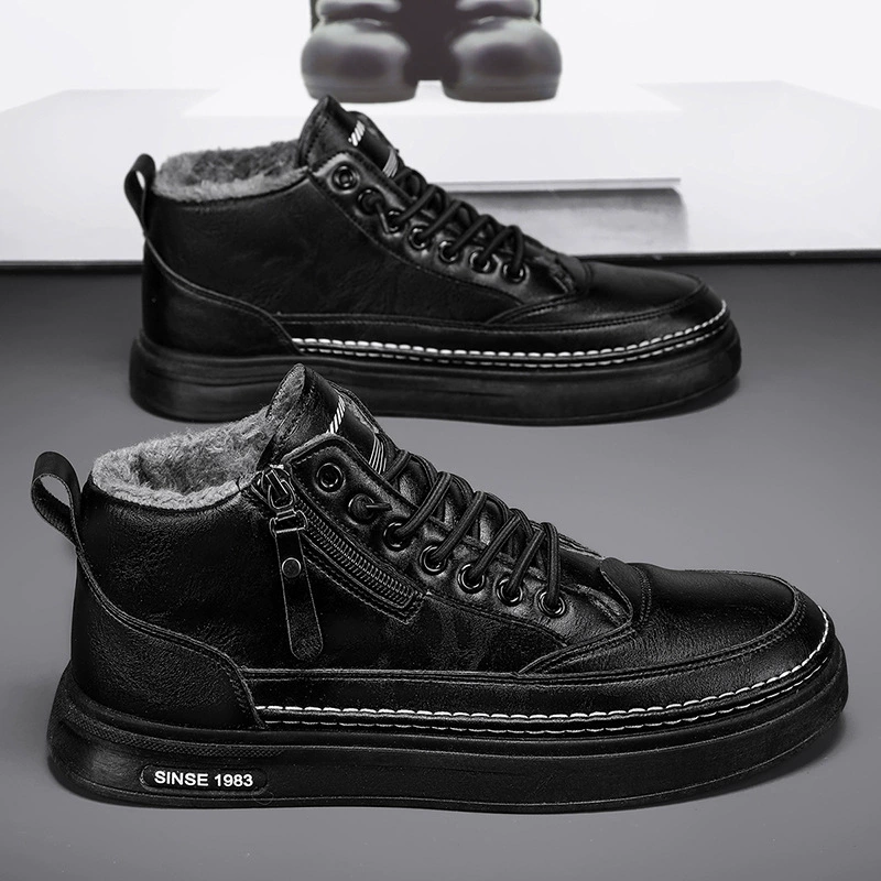 Одна педаль мужская обувь на работе зимой черная повседневная кожаная обувь водонепроницаемая мужская зимняя бархатная теплая хлопчатобумажная обувь