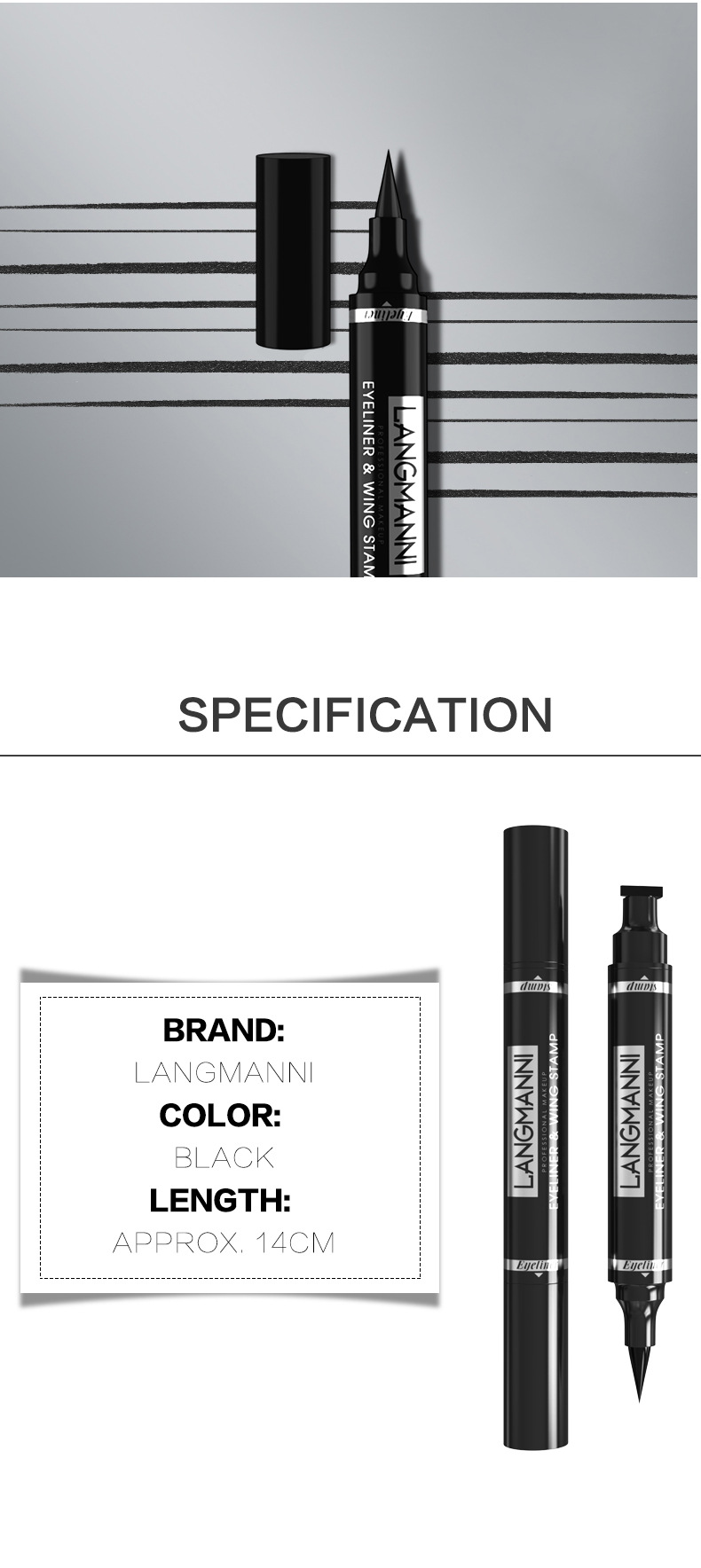 Langmanni double-head seal eyeliner pen is not easy to smudge 2-in-1 triangular black eyeliner liquid undefined