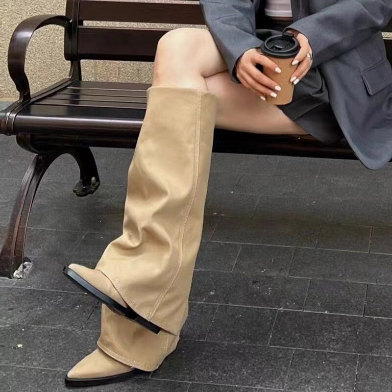 Summer Boots, No More Than Knee-High, Thick Heel, High Heel, Pointed Toe, Bootcut, Retro Western Cowboy Fashion, Knight Boots, Khaki Color