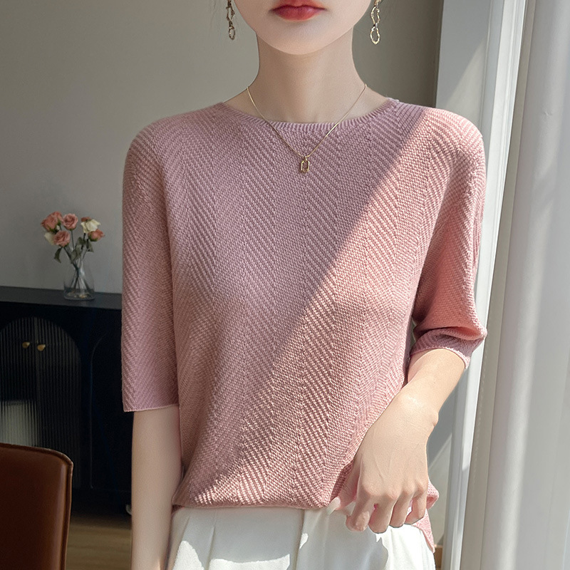 Summer Style Round Neck Mulberry Silk Wool Knit Half-Sleeve Top, Ready-To-Wear Short-Sleeve T-Shirt, Loose Base Layer Wholesale Summer Style Round Neck Mulberry Silk Wool Knit Half-Sleeve Top, Ready-To-Wear Short-Sleeve T-Shirt, Loose Base Layer Wholesale