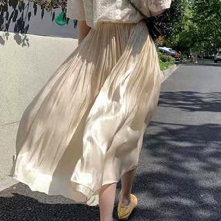 复古褶皱半身裙女夏季2025年新款设计感仙女裙高腰中长款流光裙子