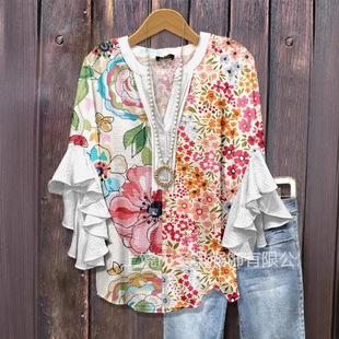Cross-Border Independent Station New Creative Floral Element 3D Printed Casual Trendy V Neck Ruffled T-Shirt Women's Tops