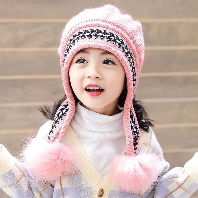 贴牌加工儿童帽子可爱女童公主帽秋加绒保暖针织护耳帽卡通毛线帽