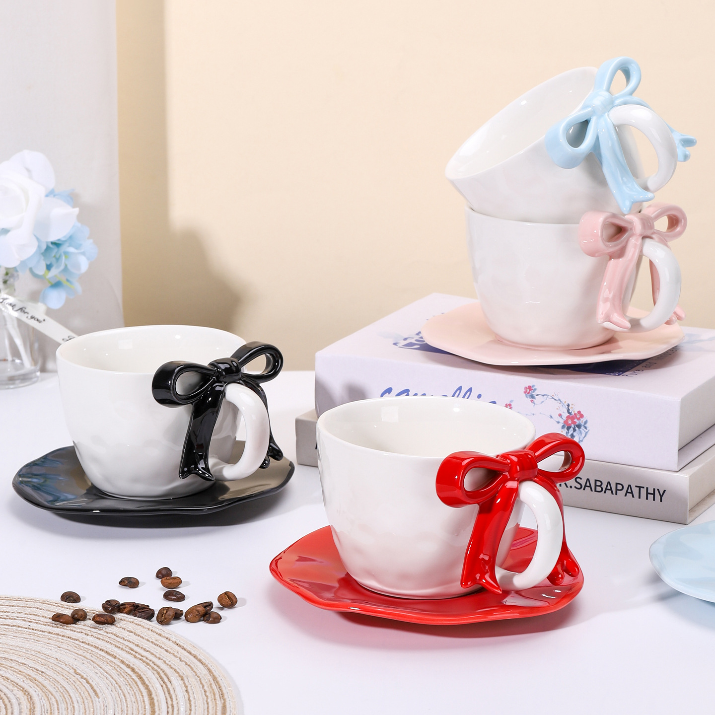 Explosiones transfronterizas de arco taza de cerámica pintada a mano taza de café plato conjunto de alto valor ins viento taza de leche