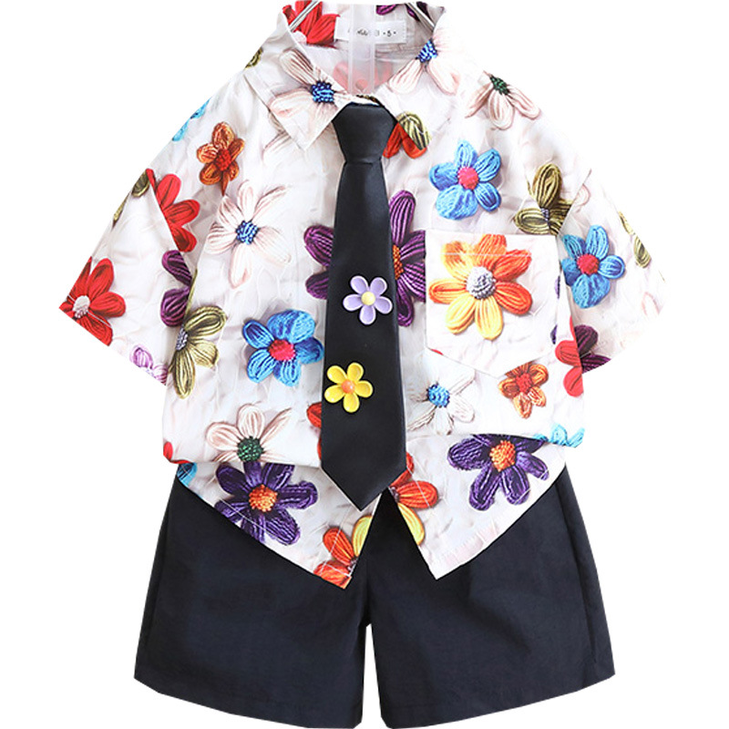 7334 Traje de verano para niños 2025 Nuevo estilo para niños Camisa de flores de manga corta delgada para bebés Pantalones cortos de dos piezas para niños