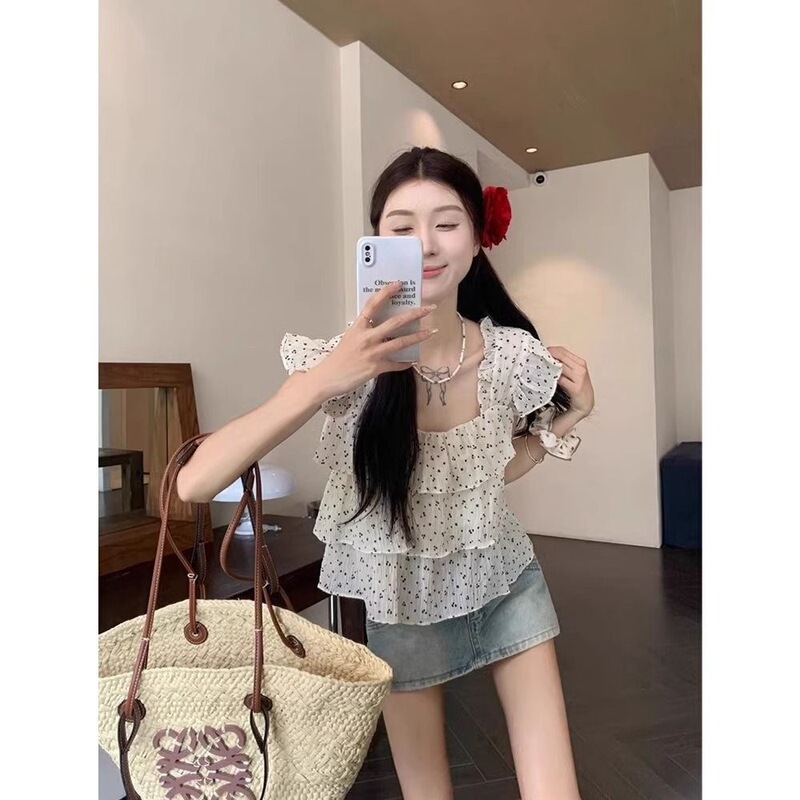 Summer Women's White Sweet Petite Short Sleeveless Fashion Small Flutter Sleeve Top Bubble Floral Chiffon Blouse for Women