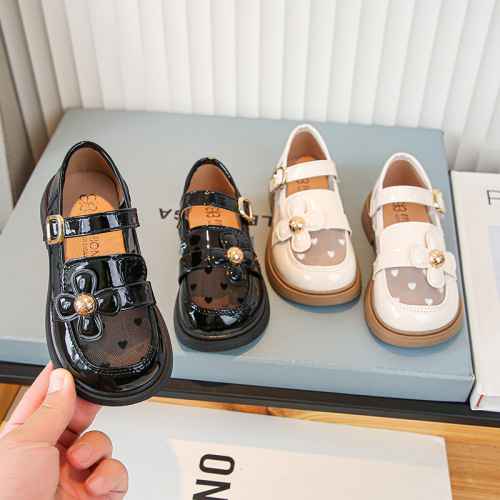 Children's Leather Shoes Network Shoes 2025 Spring Children's Leather Shoes Korean Style Hollow Breathable Little Girl Princess Soft Sole