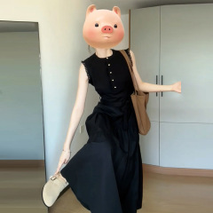 網紅黒色ワンピース夏2025新作フレンチヘボン風a字ノースリーブロングスカート夏絶美小柄