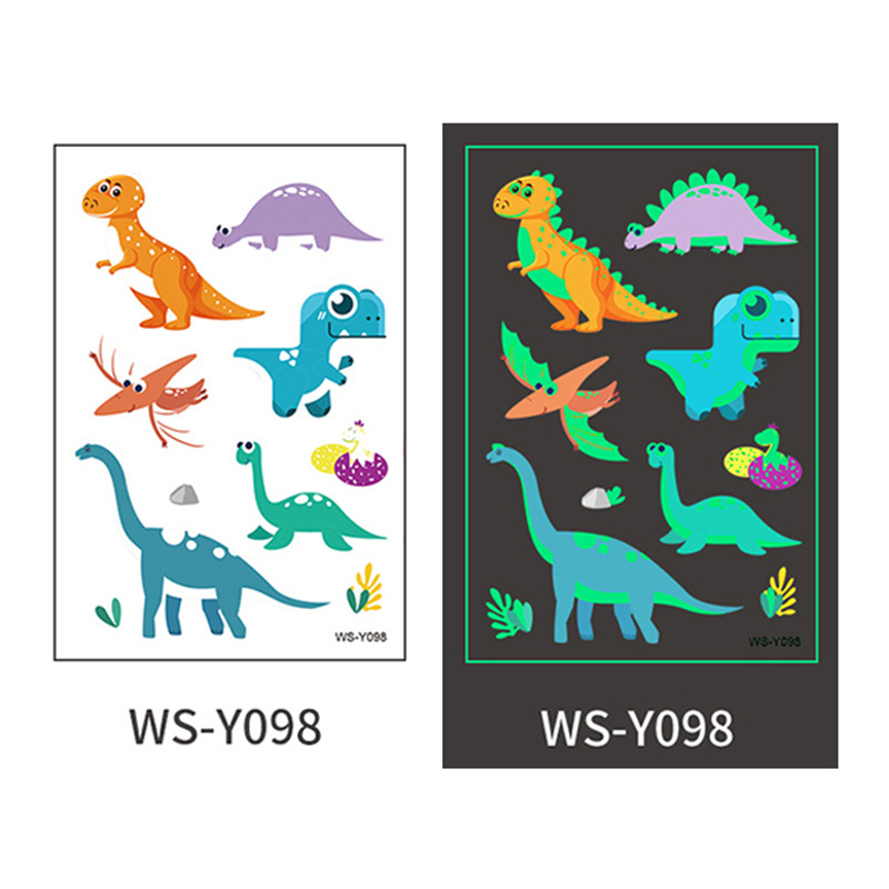 Pegatinas de tatuaje de dinosaurio luminoso Dibujos animados para niños Diversión Tyrannosaurus Rex Sudor impermeable Pegatinas de recompensa luminosas de color verde fluorescente temporal