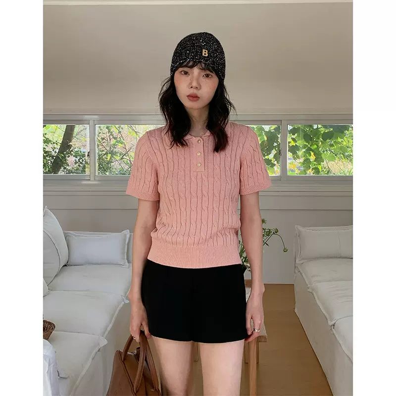 【甜味知识分子】歌铭POLO领针织衫短袖女夏季新款韩版上衣Y8200F