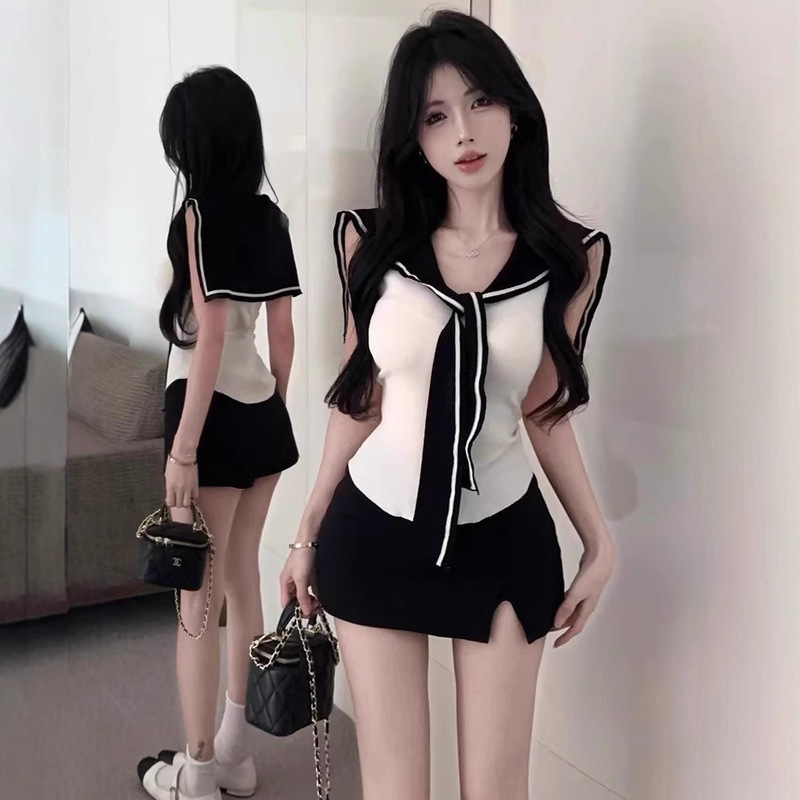 Hong Kong Style Fake Two-Piece Shawl Strap Short-Sleeved T-Shirt for Women Summer New Knitted Vest Navy Collar Top Trendy