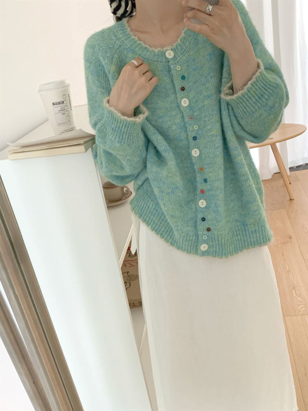 韩系复古波浪纹圆领彩色纽扣设计感针织开衫女宽松软糯毛衣外套秋|undefined