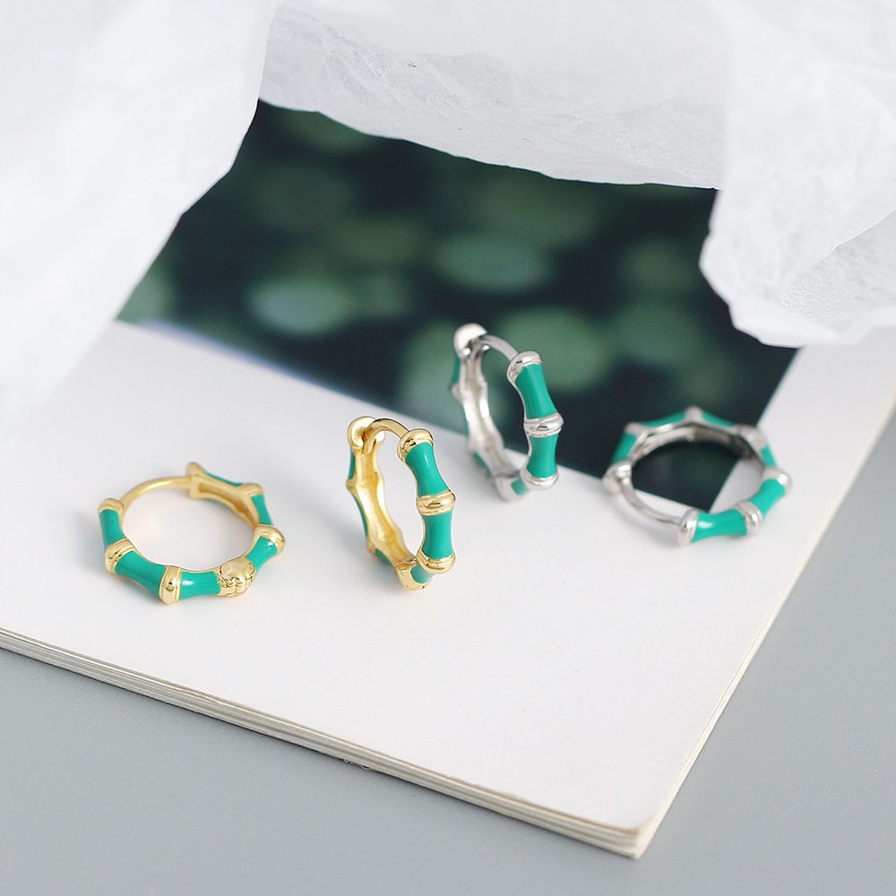 fashion drip oil enamel s925 silver bamboo retro ear buckle female