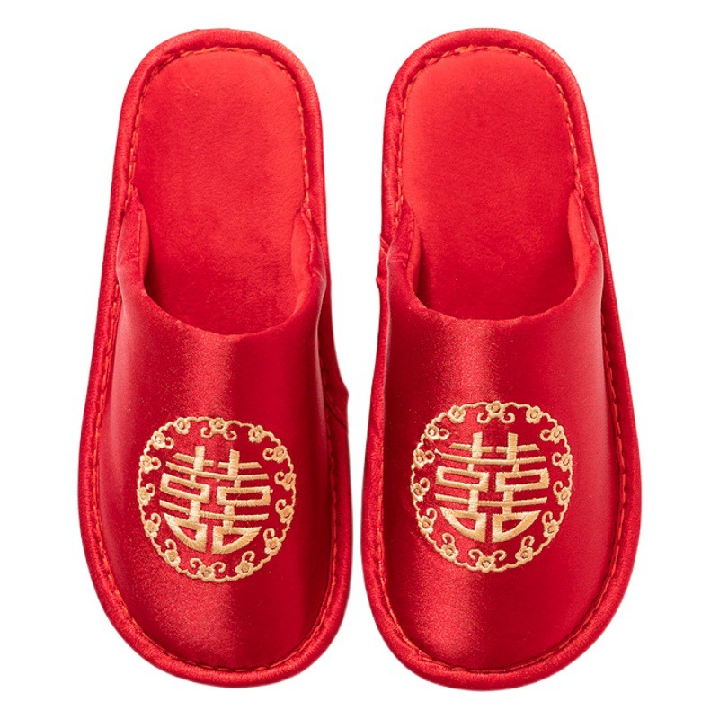 Свадебные тапочки Красные домашние женские весенне-осенние полы Мягкие домашние высококачественные свадебные тапочки Праздничная пара двойного счастья оптом