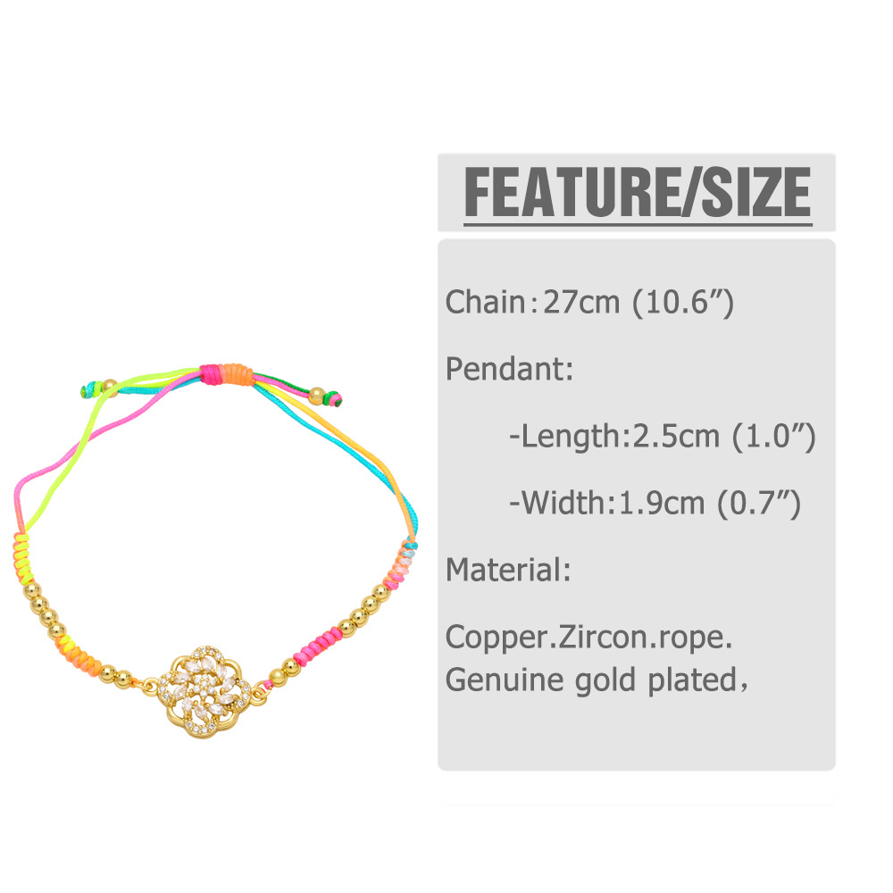 Fashion Colorful Braided Rope Flower Bohemian Ethnic Style Hand Weaving Zircon Copper Bracelet