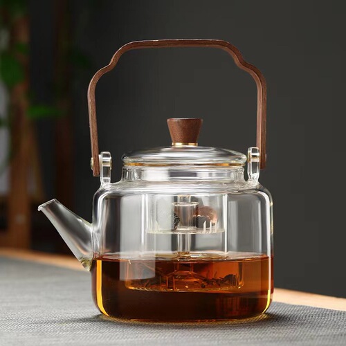 High borosilicate glass teapot walnut wood smoky gray handlebar teapot double-bile teapot heated by open flame